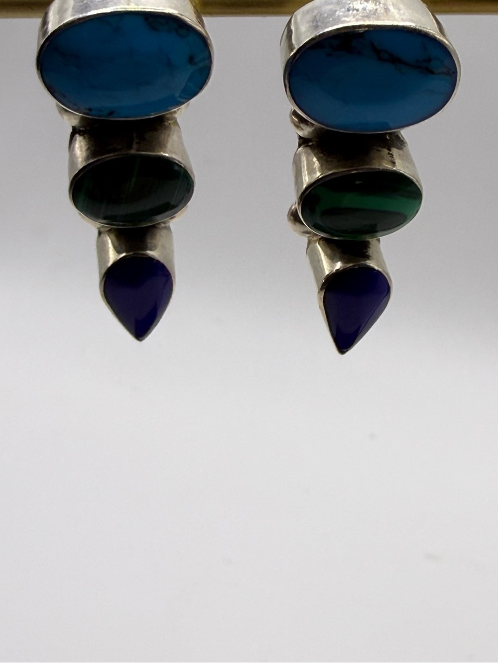 Vintage Sterling Silver Turquoise, Malachite and Lapis Earrings (Need Backs)